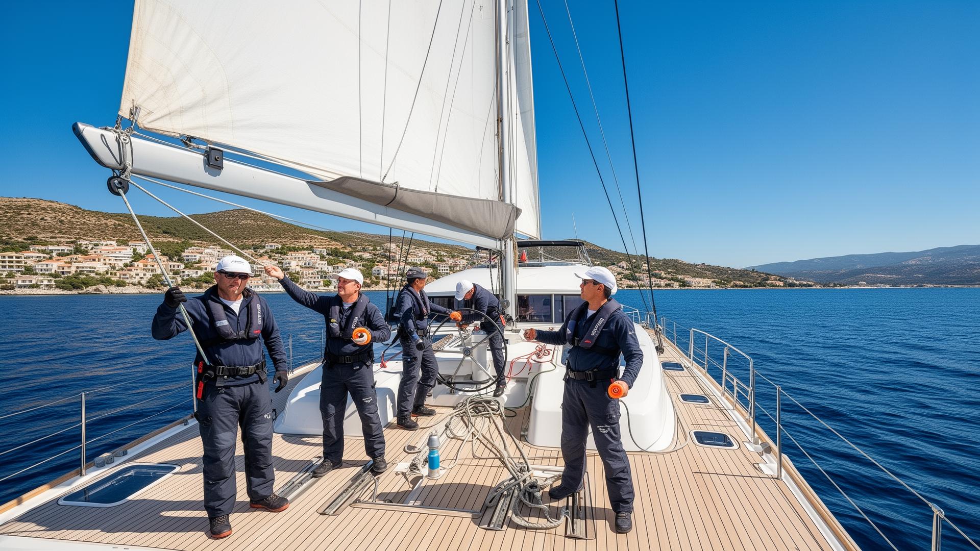 Athena Catamarans team aboard a luxury catamaran in the Greek islands
